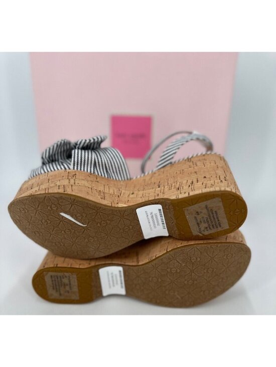 Kate Spade Julep Double Bow Platform Wedge Sandals sz 6.5 Navy Stripe Cork Ankle - Picture 8 of 11